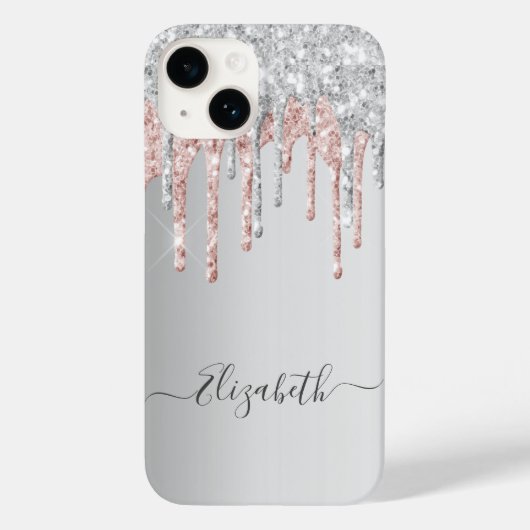 Silver roze roze roodbruine glitter drip monogram Case-Mate iPhone case (Achterkant)