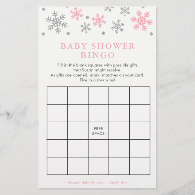 Silver-roze Snowflake Baby shower Bingo Game Kaart (Voorkant)