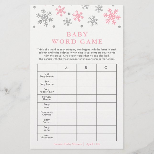 Silver-roze Snowflake Baby shower Word Game Kaart (Voorkant)
