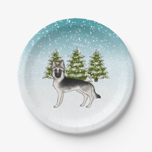 Silver Sable German Shepherd Blue Winter Forest Papieren Bordje (Voorkant)