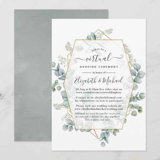 Silver Sage Eucalyptus Geometric Virtual Wedding Kaart (Voorkant / Achterkant)