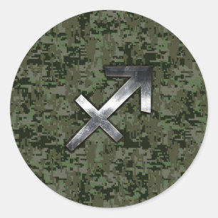 Silver Sagittarius Zodiac Woodland Digital Camo Ronde Sticker