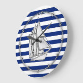 Silver Sailboat on Nautical Blue Stripes Grote Klok (Hoek)