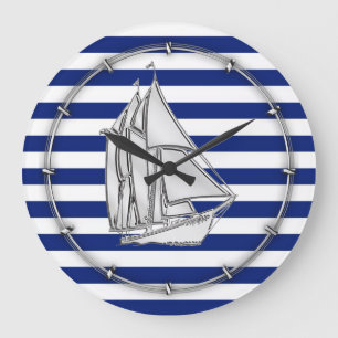Silver Sailboat on Nautical Blue Stripes Grote Klok