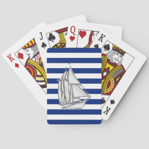 Silver Sailboat on Nautical Blue Stripes Speelkaarten
