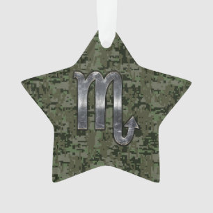 Silver Scorpio Zodiac Sign Woodland Digital Camo Ornament