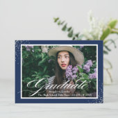 Silver Script Glitter Navy Blue Photo Afstuderen Kaart (Staand voorkant)