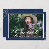 Silver Script Glitter Navy Blue Photo Afstuderen Kaart (Voorkant / Achterkant)