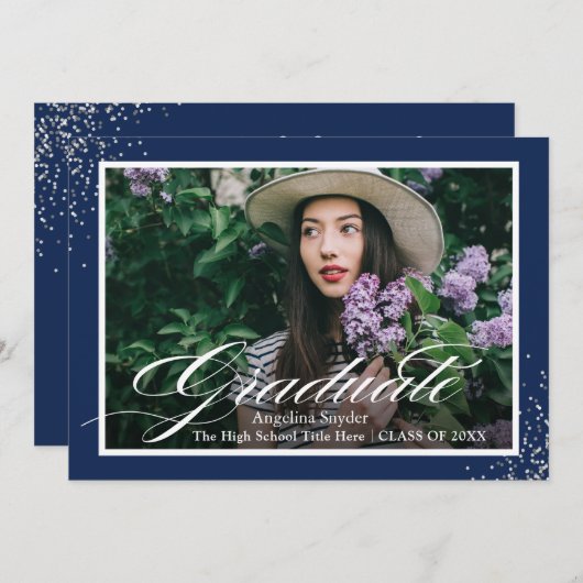Silver Script Glitter Navy Blue Photo Afstuderen Kaart (Voorkant / Achterkant)
