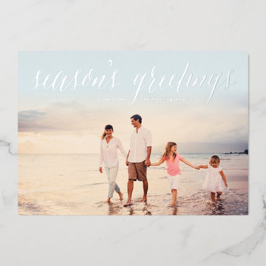 Silver Season's Greetings Fotokaart | Ice Blue Folie Feestdagenkaart (Voorkant)