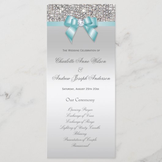Silver Sequin Blauwgroen Bow Wedding Programma (Voorkant)