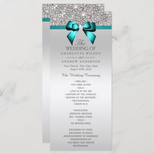Silver Sequin Blauwgroen Diamond Bow Wedding Progr Programma (Voorkant / Achterkant)