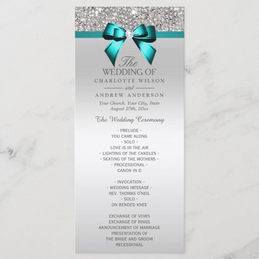 Silver Sequin Blauwgroen Diamond Bow Wedding Progr Programma (Voorkant)