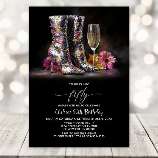 Silver Sequin Boots 50th Birthday Party Kaart