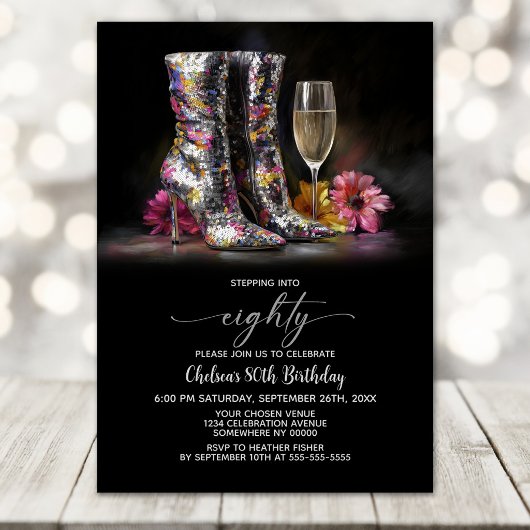 Silver Sequin Boots 80th Birthday Party Kaart
