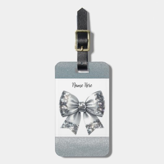 Silver Sequin Bow Silver Glitter Bagagelabel (Voorkant verticaal)