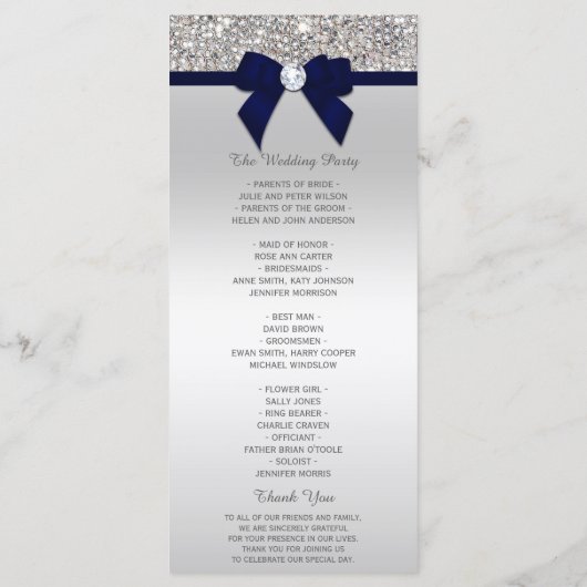 Silver Sequin Navy Blue Bow Wedding Program Programma (Achterkant)