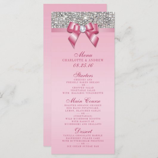 Silver Sequin Pink Bow Wedding Collectie Menu (Voorkant / Achterkant)