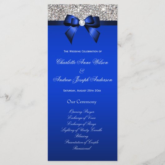 Silver Sequin Royal Blue Bow Wedding Program Programma (Voorkant)