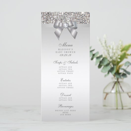 Silver Sequins Bow Baby shower Menu (Staand voorkant)