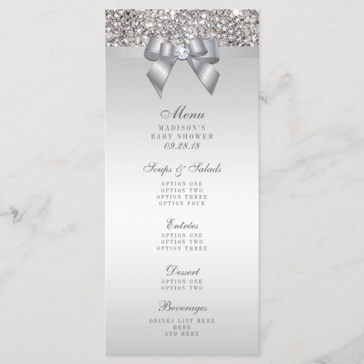Silver Sequins Bow Baby shower Menu (Voorkant)