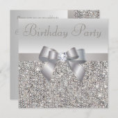 Silver Sequins, Bow & Diamond Birthday Party Kaart (Voorkant / Achterkant)