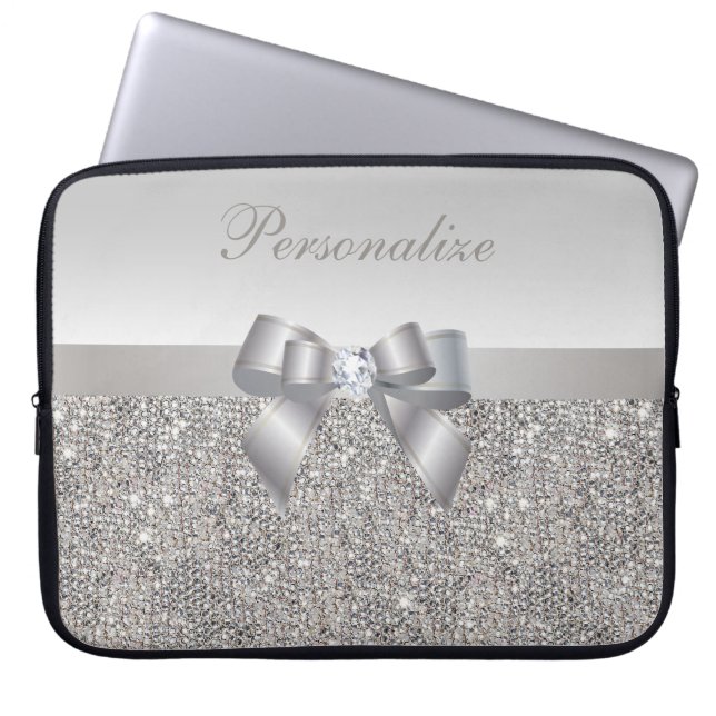 Silver Sequins, Bow & Diamond, speciaal gepersonal Laptop Sleeve (Voorkant)