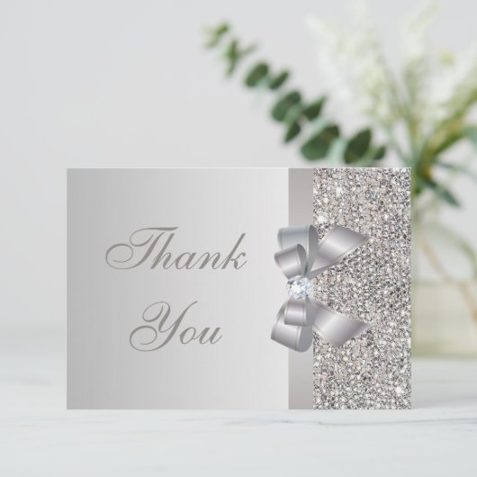 Silver Sequins, Bow & Diamond Weddenschap Hartelij Bedankkaart (Staand voorkant)