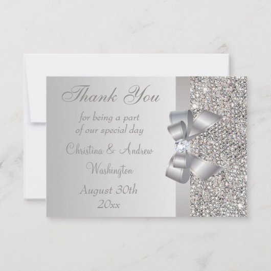Silver Sequins, Bow & Diamond Weddenschap Hartelij Bedankkaart (Achterkant)
