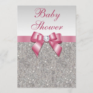Silver Sequins en Bow Girls Pink Baby shower Kaart