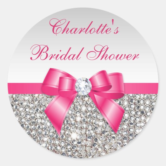 Silver Sequins Hot Pink Bow Diamond Vrijgezellenfe Ronde Sticker (Voorkant)