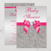 Silver Sequins Hot Pink Bow Girls Baby shower Kaart (Voorkant / Achterkant)