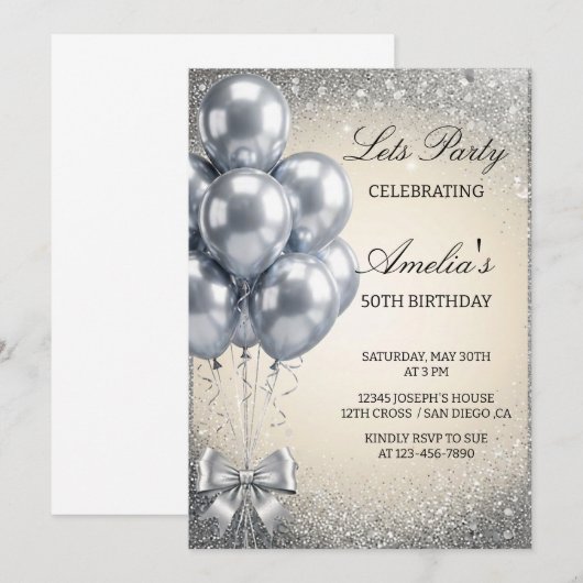 Silver Sequins Let's Birthday Party Invitation (Devant / Derrière)