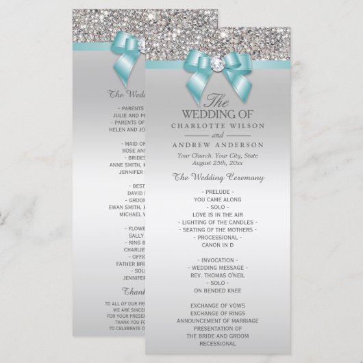Silver Sequins Licht Blauwgroen Bow Wedding Progra Programma (Voorkant / Achterkant)