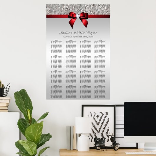 Silver Sequins Red Bow Wedding Seding Chart Poster (Thuiskantoor)