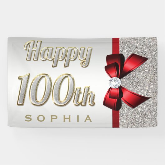 Silver Sequins Red Faux Bow 100th Birthday Spandoek (Horizontaal)