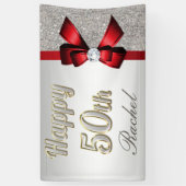 Silver Sequins Red Faux Bow 50th Birthday Spandoek (Verticaal)