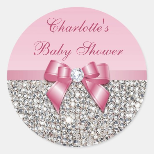 Silver Sequins Roze Bow Diamond Baby shower Ronde Sticker (Voorkant)