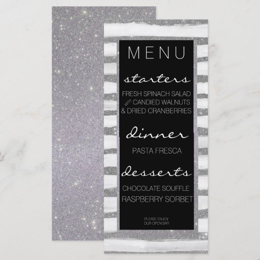 Silver Shimmer Stripe Wedding Menu (Voorkant / Achterkant)