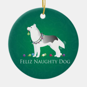 Silver Siberian Husky Feliz Naughty Dog Kerstmis Keramisch Ornament
