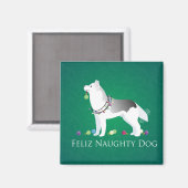 Silver Siberian Husky Feliz Naughty Dog Kerstmis Magneet (Voorkant / Achterkant)