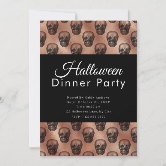 Silver Skulls Roos Gold Halloween Dinner Party Kaart (Voorkant)