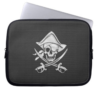 Silver Smiling Pirate on Carbon Fiber Style Laptop Sleeve