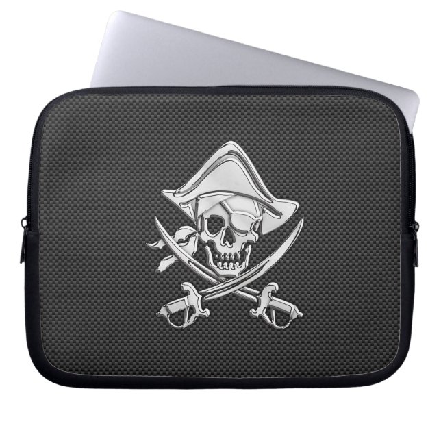 Silver Smiling Pirate on Carbon Fiber Style Laptop Sleeve (Voorkant)