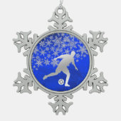 Silver Snowflake Soccer Player op Blue Tin Sneeuwvlok Ornament (Voorkant)
