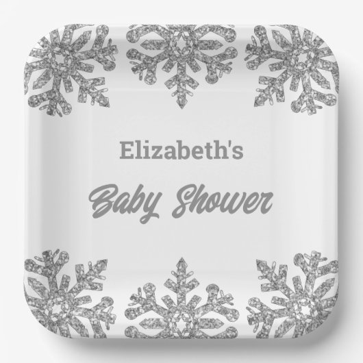 Silver Snowflake Winter Baby shower Papieren Bordje (Voorkant)