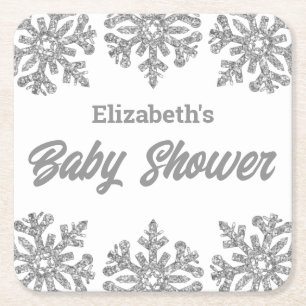 Silver Snowflake Winter Baby shower Vierkante Kartonnen Onderzetter