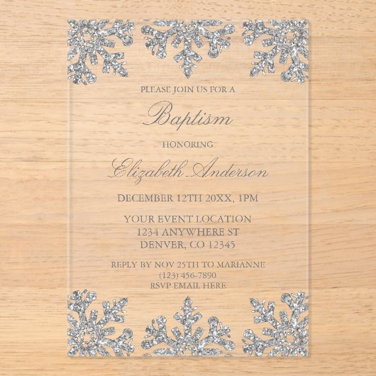 Silver Snowflake Winter Baptisme Acryl Uitnodigingen (Voorkant)