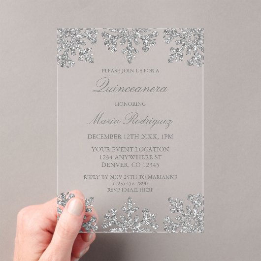 Silver Snowflake Winter Quinceanera Acryl Uitnodigingen (Insitu (Draagbaar))