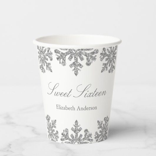 Silver Snowflake Winter Sweet 16 Papieren Bekers (Voorkant)